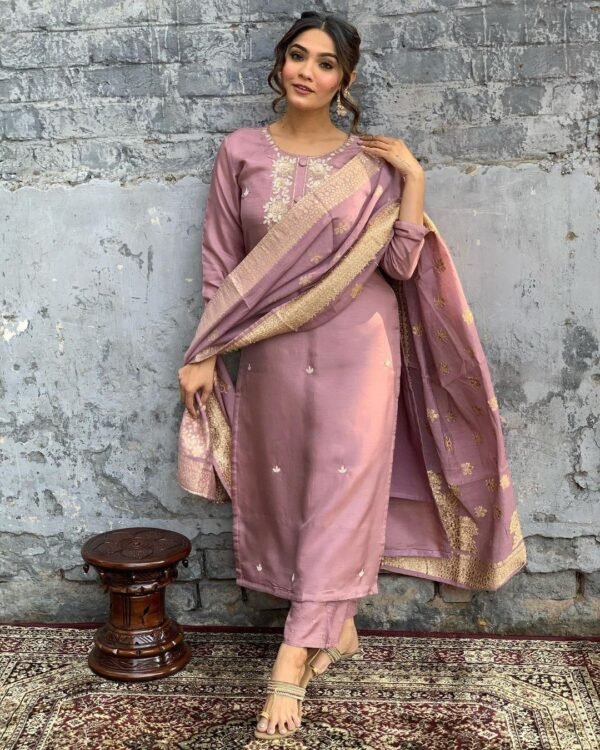 Women’s Viscose Silk Embroidered Kurta Pant Set with Dupatta