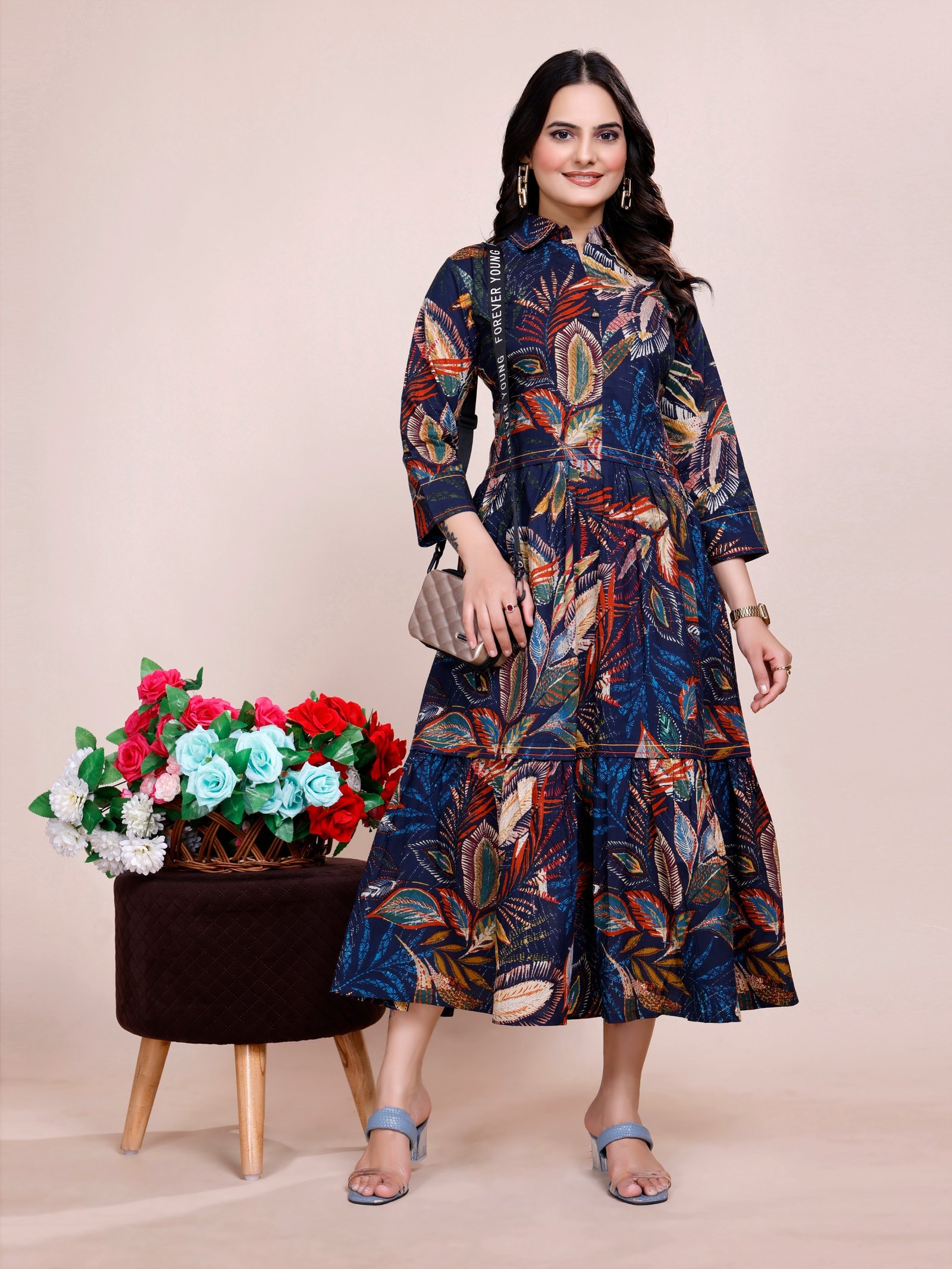 Women’s pure cotton printed shirt-style dress with multicolor floral design – casual and office wear