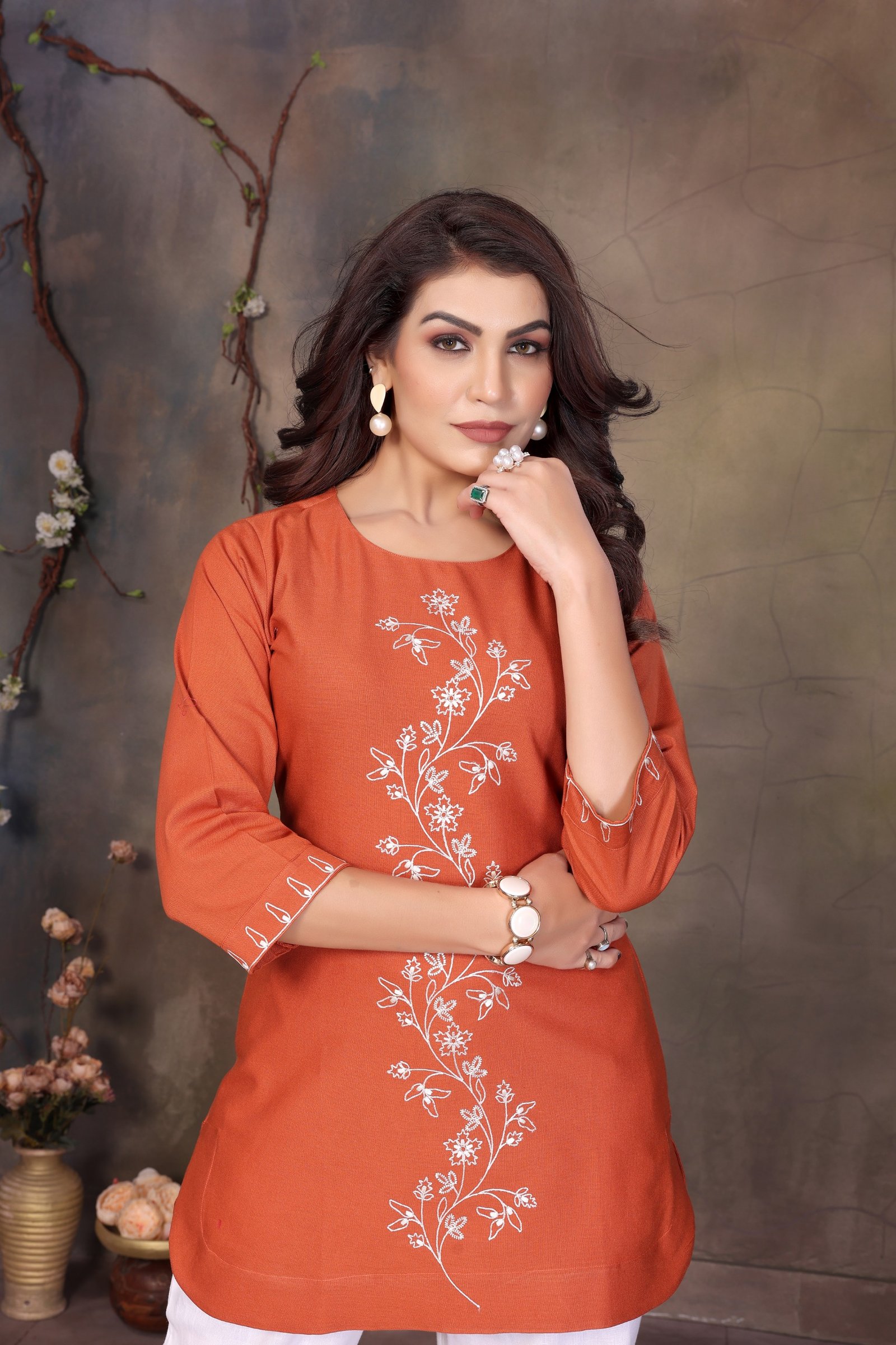 Women’s pure premium linen cotton embroidered top in orange – daily and office wear