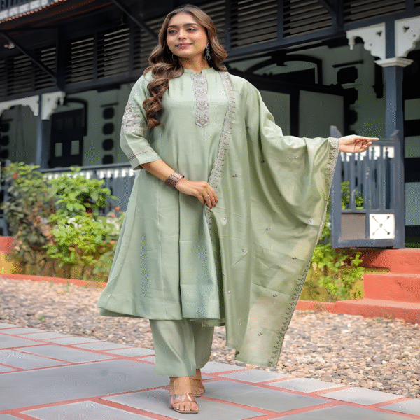Women’s Sage Green Embroidered Viscose Silk Kurta Pant Set with Dupatta